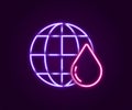 Glowing neon line Earth planet in water drop icon isolated on black background. World globe. Saving water and world Royalty Free Stock Photo