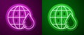 Glowing neon line Earth planet in water drop icon isolated on purple and green background. World globe. Saving water and Royalty Free Stock Photo