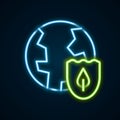 Glowing neon line Earth with shield icon isolated on black background. Insurance concept. Security, safety, protection Royalty Free Stock Photo