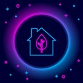 Glowing neon line Eco friendly house icon isolated on black background. Eco house with leaf. Colorful outline concept Royalty Free Stock Photo