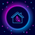 Glowing neon line Eco friendly house icon isolated on black background. Eco house with leaf. Colorful outline concept Royalty Free Stock Photo