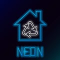 Glowing neon line Eco House with recycling symbol icon isolated on black background. Ecology home with recycle arrows Royalty Free Stock Photo