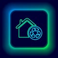 Glowing neon line Eco House with recycling symbol icon isolated on black background. Ecology home with recycle arrows Royalty Free Stock Photo