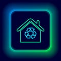 Glowing neon line Eco House with recycling symbol icon isolated on black background. Ecology home with recycle arrows Royalty Free Stock Photo