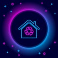 Glowing neon line Eco House with recycling symbol icon isolated on black background. Ecology home with recycle arrows Royalty Free Stock Photo