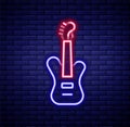 Glowing neon line Electric bass guitar icon isolated on brick wall background. Colorful outline concept. Vector Royalty Free Stock Photo