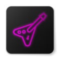 Glowing neon line Electric bass guitar icon isolated on white background. Black square button. Vector Royalty Free Stock Photo