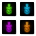 Glowing neon line Electric bass guitar icon isolated on white background. Black square button. Vector Royalty Free Stock Photo