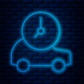 Glowing neon line Electric car and electrical cable plug charging icon isolated on brick wall background. Renewable eco Royalty Free Stock Photo