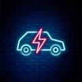 Glowing neon line Electric car and electrical cable plug charging icon isolated on brick wall background. Renewable eco Royalty Free Stock Photo