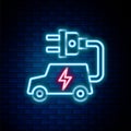 Glowing neon line Electric car and electrical cable plug charging icon isolated on brick wall background. Renewable eco Royalty Free Stock Photo