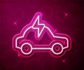 Glowing neon line Electric car and electrical cable plug charging icon isolated on red background. Renewable eco Royalty Free Stock Photo