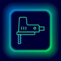 Glowing neon line Electric jigsaw with steel sharp blade icon isolated on black background. Power tool for woodwork