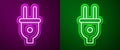 Glowing neon line Electric plug icon isolated on purple and green background. Concept of connection and disconnection of