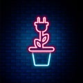 Glowing neon line Electric saving plug in pot icon isolated on brick wall background. Save energy electricity icon Royalty Free Stock Photo