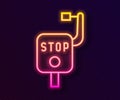 Glowing neon line Emergency brake icon isolated on black background. Vector