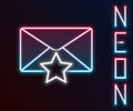 Glowing neon line Envelope with star icon isolated on black background. Important email, add to favourite icon. Starred