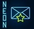 Glowing neon line Envelope with star icon isolated on black background. Important email, add to favourite icon. Starred