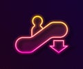 Glowing neon line Escalator down icon isolated on black background. Vector