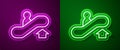 Glowing neon line Escalator up icon isolated on purple and green background. Vector