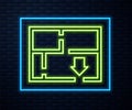 Glowing neon line Evacuation plan icon isolated on brick wall background. Fire escape plan. Vector