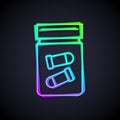 Glowing neon line Evidence bag with bullet icon isolated on black background. Vector Royalty Free Stock Photo