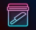 Glowing neon line Evidence bag with knife icon isolated on black background. Vector Royalty Free Stock Photo