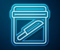 Glowing neon line Evidence bag with knife icon isolated on blue background. Vector Royalty Free Stock Photo