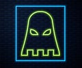 Glowing neon line Executioner mask icon isolated on brick wall background. Hangman, torturer, executor, tormentor Royalty Free Stock Photo