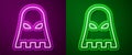 Glowing neon line Executioner mask icon isolated on purple and green background. Hangman, torturer, executor, tormentor Royalty Free Stock Photo