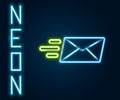 Glowing neon line Express envelope icon isolated on black background. Email message letter symbol. Colorful outline