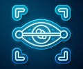 Glowing neon line Eye scan icon isolated on blue background. Scanning eye. Security check symbol. Cyber eye sign. Vector Royalty Free Stock Photo