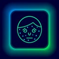 Glowing neon line Face with psoriasis or eczema icon isolated on black background. Concept of human skin response to