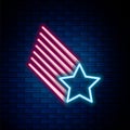 Glowing neon line Falling star icon isolated on brick wall background. Shooting star with star trail. Meteoroid Royalty Free Stock Photo