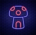 Glowing neon line Fantasy mushroom house icon isolated on brick wall background. Fairytale house. Colorful outline Royalty Free Stock Photo