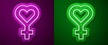 Glowing neon line Female gender symbol icon isolated on purple and green background. Venus symbol. The symbol for a