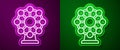 Glowing neon line Ferris wheel icon isolated on purple and green background. Amusement park. Childrens entertainment