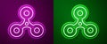 Glowing neon line Fidget spinner icon isolated on purple and green background. Stress relieving toy. Trendy hand spinner