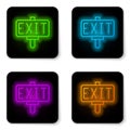 Glowing neon line Fire exit icon isolated on white background. Fire emergency icon. Black square button. Vector