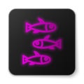 Glowing neon line Fishes icon isolated on white background. Black square button. Vector.