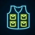 Glowing neon line Fishing jacket icon isolated on black background. Fishing vest. Colorful outline concept. Vector Royalty Free Stock Photo