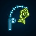 Glowing neon line Fishing rod and fish icon isolated on black background. Fishing equipment and fish farming topics