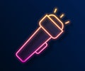 Glowing neon line Flashlight icon isolated on black background. Vector