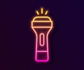 Glowing neon line Flashlight icon isolated on black background. Vector