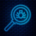 Glowing neon line Flea search icon isolated on brick wall background. Vector