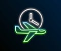 Glowing neon line Flight time icon isolated on black background. Colorful outline concept. Vector Royalty Free Stock Photo