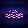 Glowing neon line Flood car icon isolated on brick wall background. Insurance concept. Flood disaster concept. Security Royalty Free Stock Photo