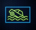 Glowing neon line Flood car icon isolated on brick wall background. Insurance concept. Flood disaster concept. Security Royalty Free Stock Photo