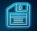 Glowing neon line Floppy disk for computer data storage icon isolated on blue background. Diskette sign. Vector Royalty Free Stock Photo