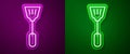 Glowing neon line Fly swatter icon isolated on purple and green background. Vector